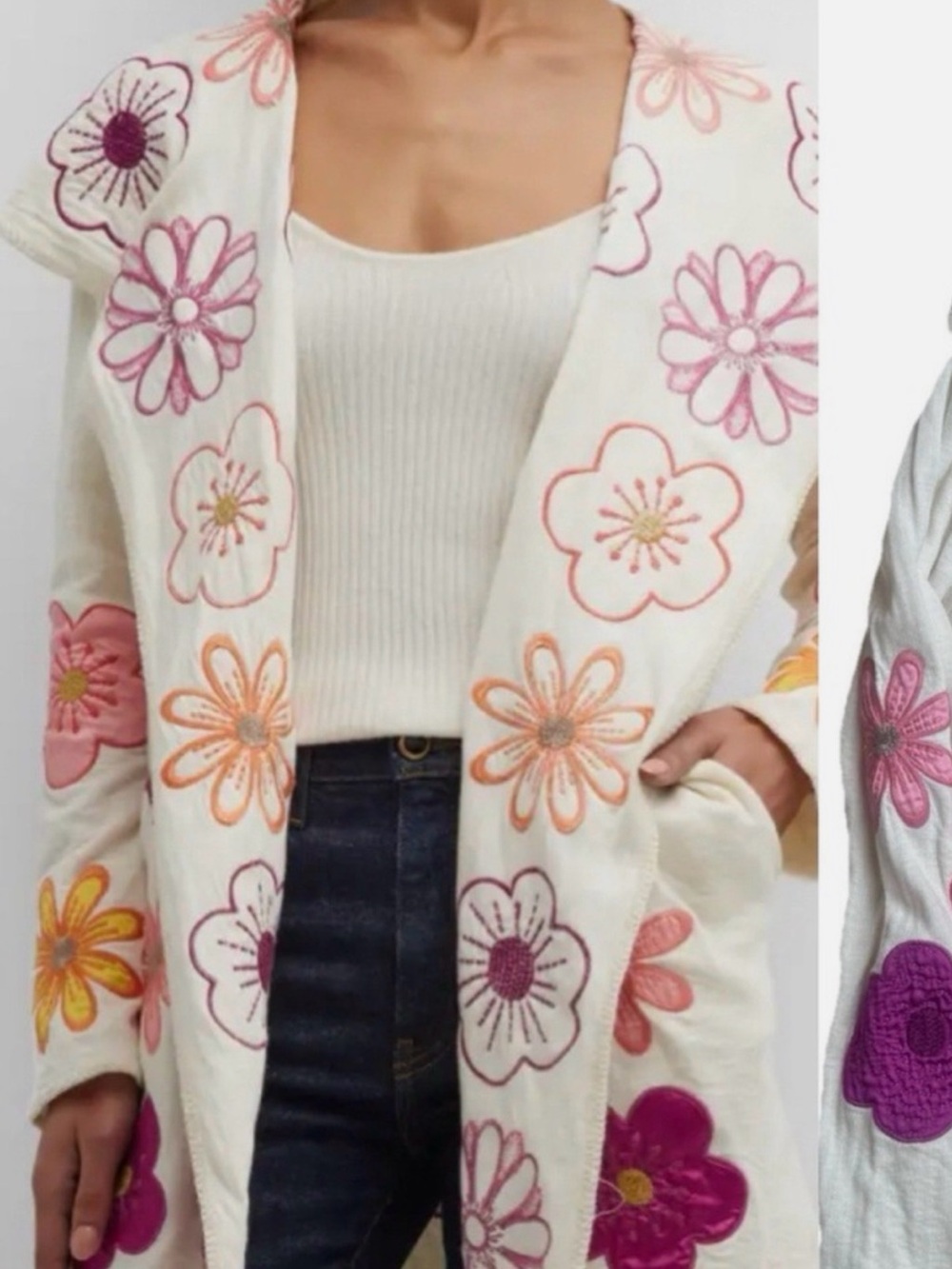 Johnny Was Floral Embroidered Cream Hooded Cardigan